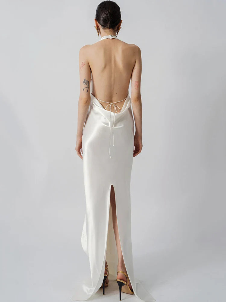 Satin Pleated Drape Front Tie-Up Long Dress