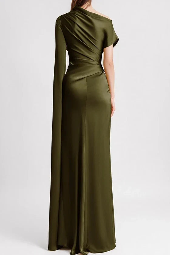 Elegant Diagonal Collar A-Line Maxi Dress with Folds