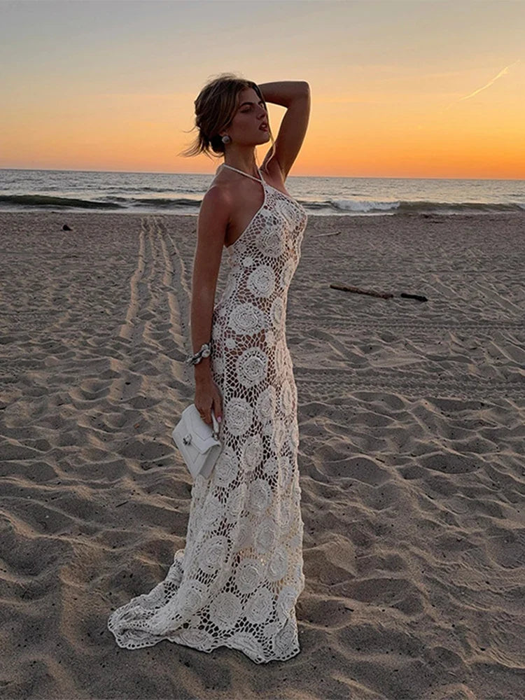 Chic Strapless Hollow Knit Maxi Dress for Summer Glam