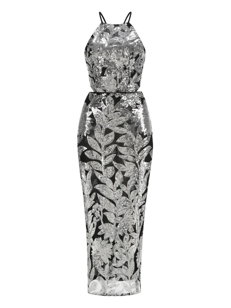 Silver Floral Sequin Halter Gown – Elegant Evening Dress