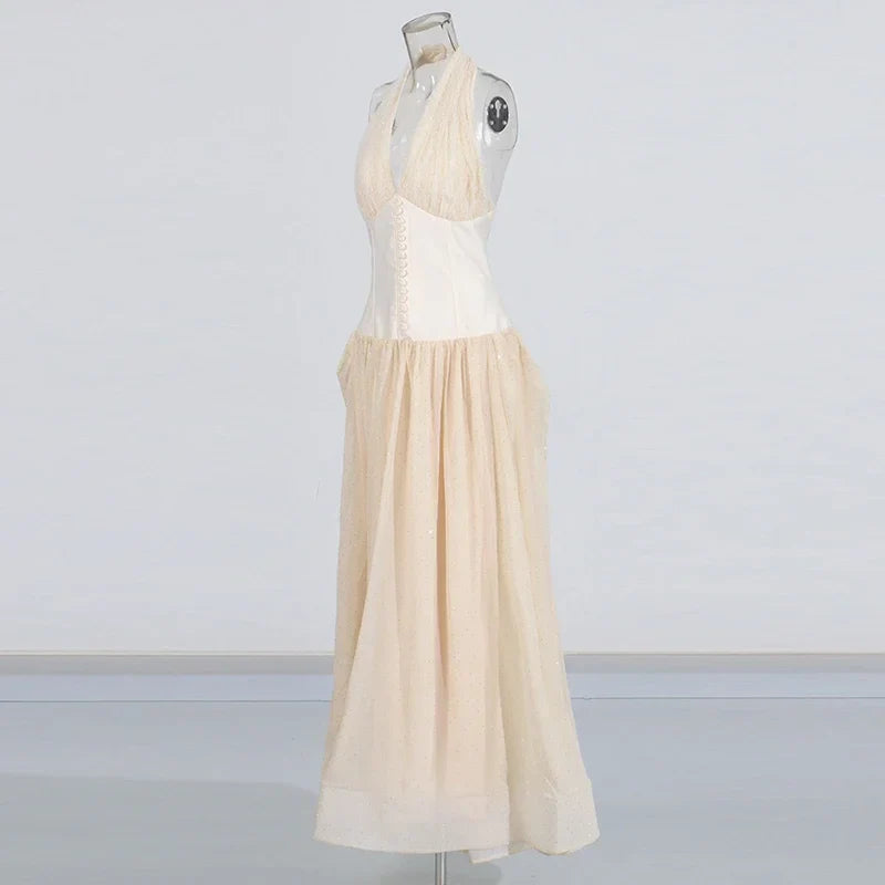 Apricot Halter Corset Maxi Dress | Flowy Pleated Elegance