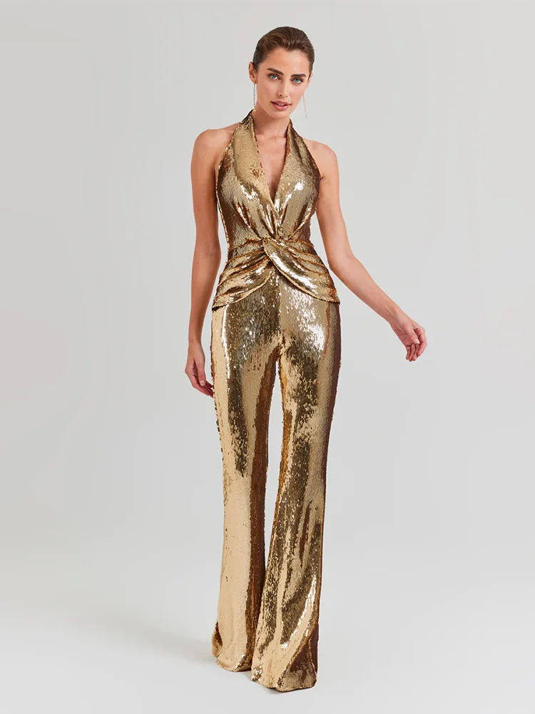 Gold Sequin Sleeveless V Neck Wide Leg Jumpsuit