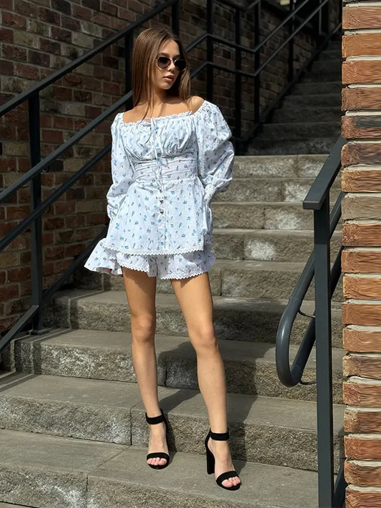 Off-Shoulder Lace Shorts Set |  Summer Co-Ord for Travel