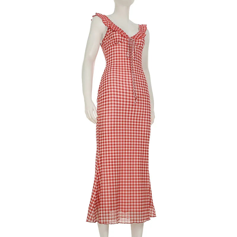 Red Gingham Lace-Up Maxi Dress | Picnic-to-Party Statement