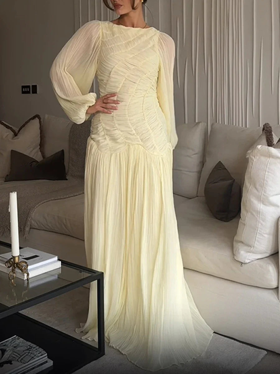 Soft Yellow Pleated Maxi Dress | Long Sleeve Elegant Lounge Look