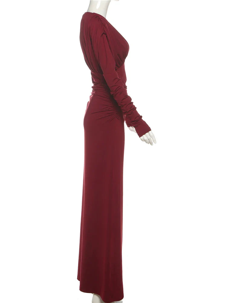 Red Ruched Long Sleeve Maxi Dress | Floor-Length Evening Gown