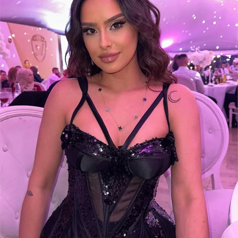 Black Sequin Spaghetti Strap Mermaid Gown