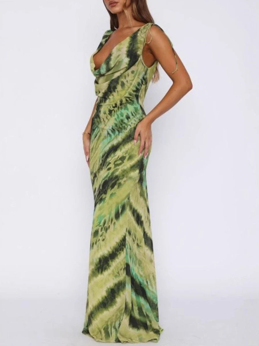 Green Printed Cowl Tie Up Maxi Dress