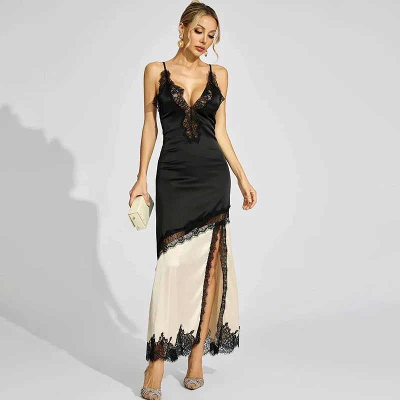 Lace Trim Satin Patchwork Slit Midi Dress