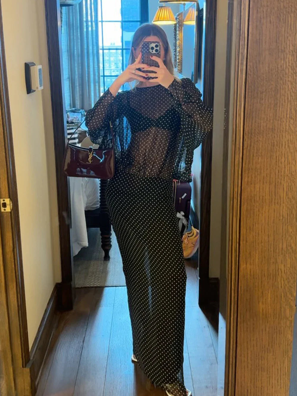 Black Dot Long Sleeve See-Through Maxi Dress