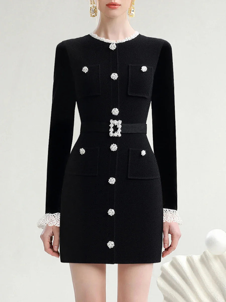 Round Neck Long Sleeve Diamond Button Lace Trim Mini Dress