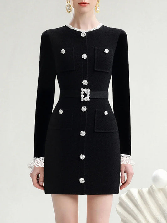 Round Neck Long Sleeve Diamond Button Lace Trim Mini Dress
