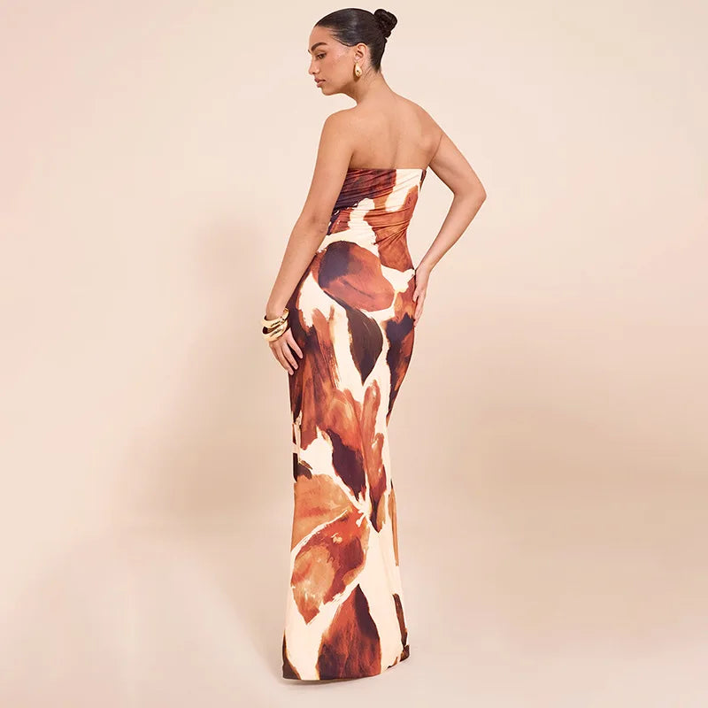 Elegant Strapless Abstract Print Maxi Dress