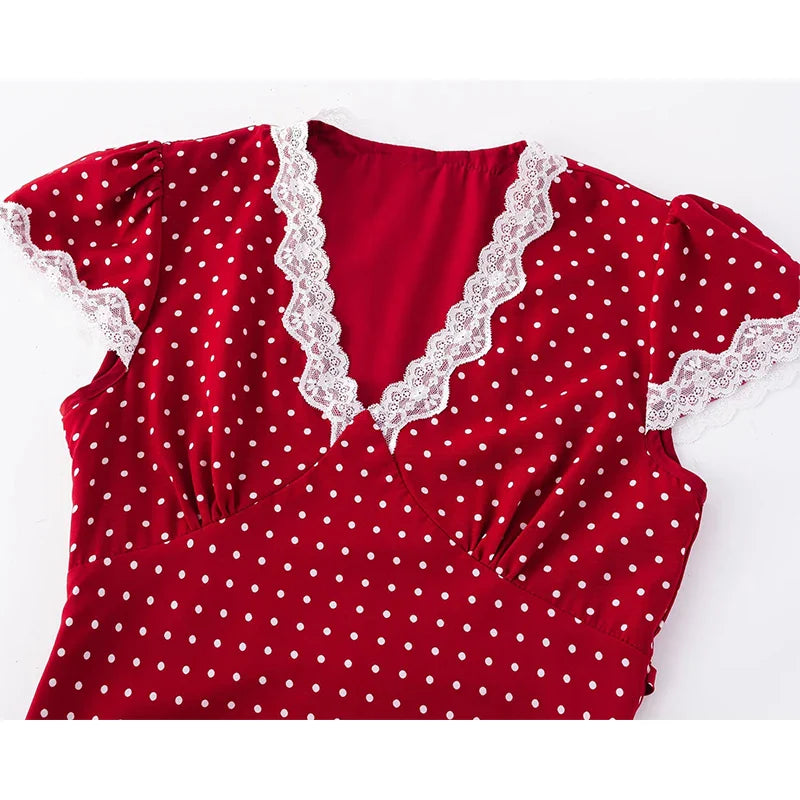 Red Polka Dot Midi Dress - Lace Trim V-Neck Holiday Robe