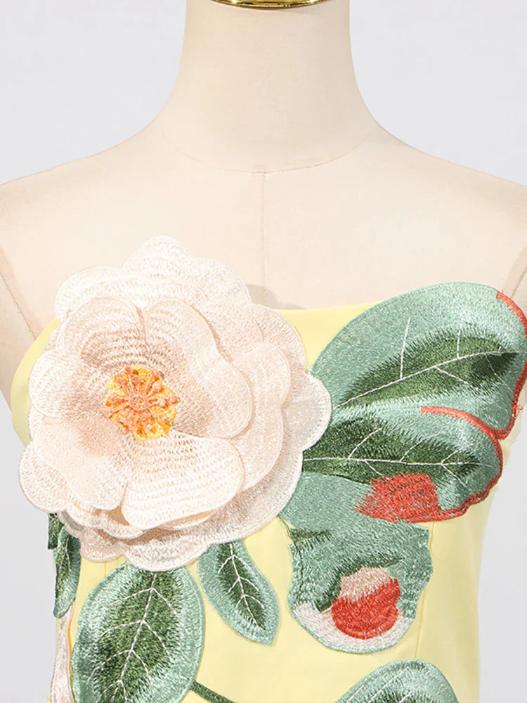 Yellow Strapless Embroidered Floral Mini Dress