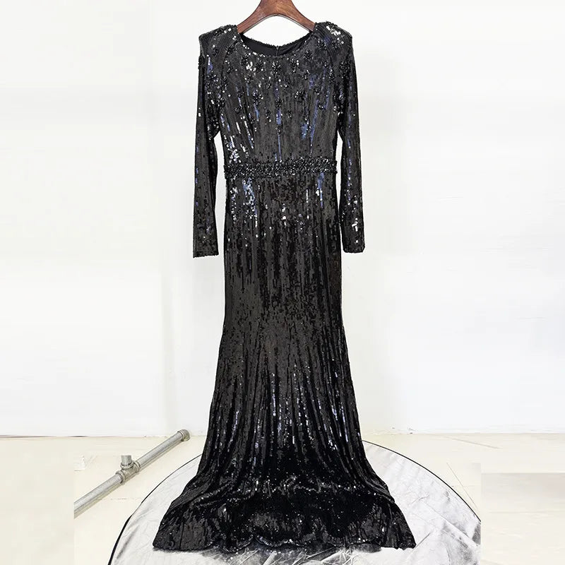 Gold & Black Sequin Gown | Elegant Long Sleeve Evening Dress