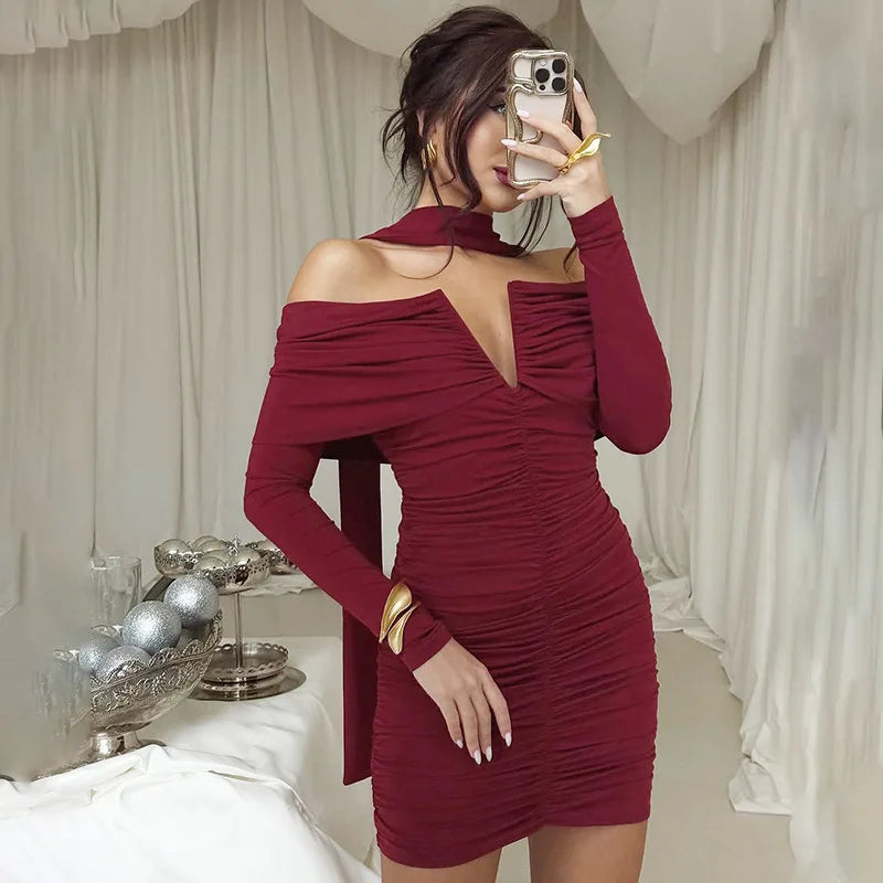 Red Off-shoulder Ruched Long Sleeve Mini Dress With Scarf