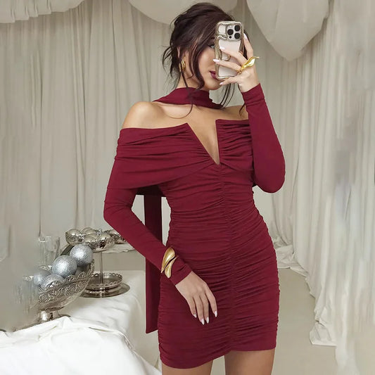 Red Off-shoulder Ruched Long Sleeve Mini Dress With Scarf