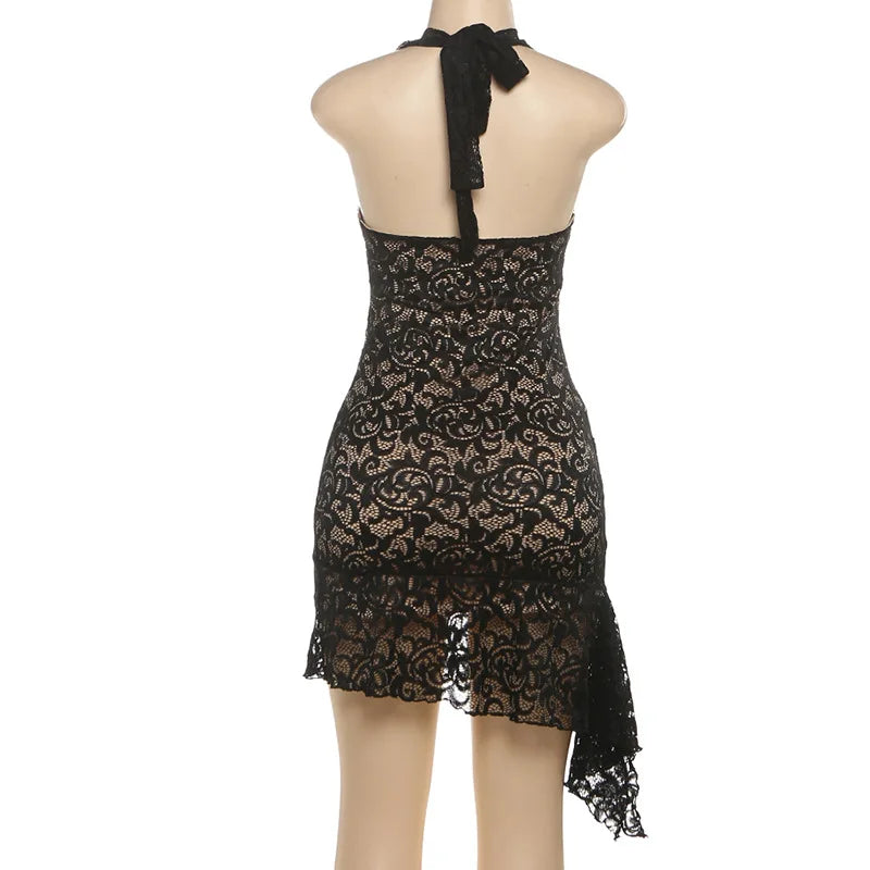 Black Lace Halter Mini Dress | Backless Night-Out Statement