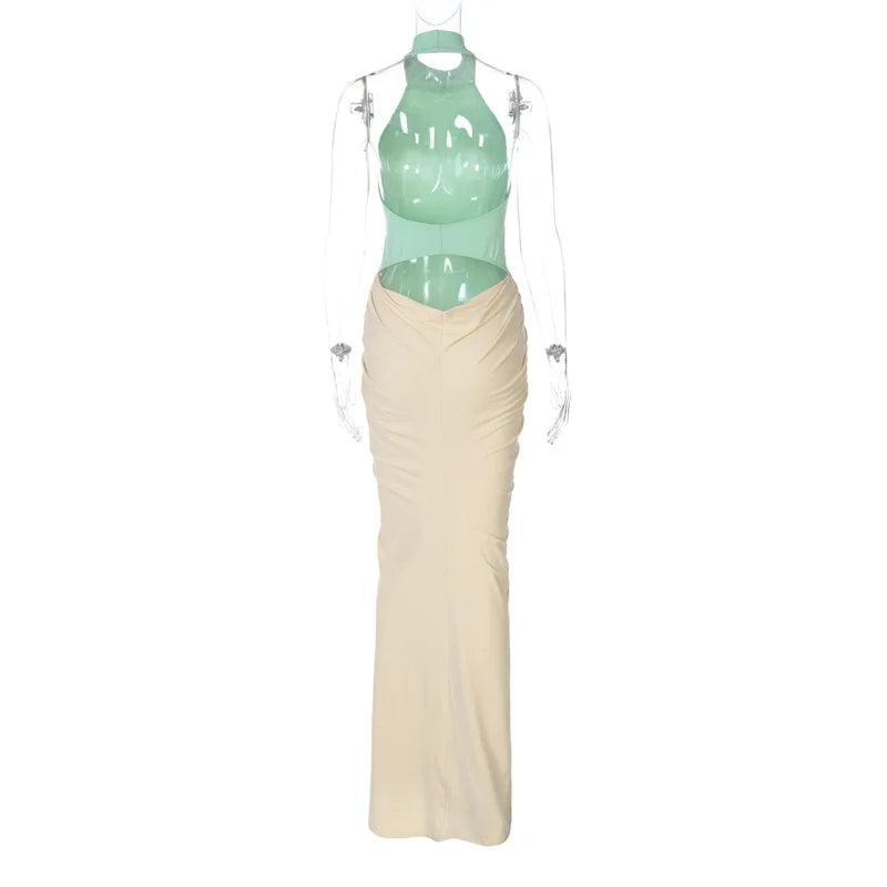 Halter Backless Maxi Dress | Ruched Patchwork Sheath Gown
