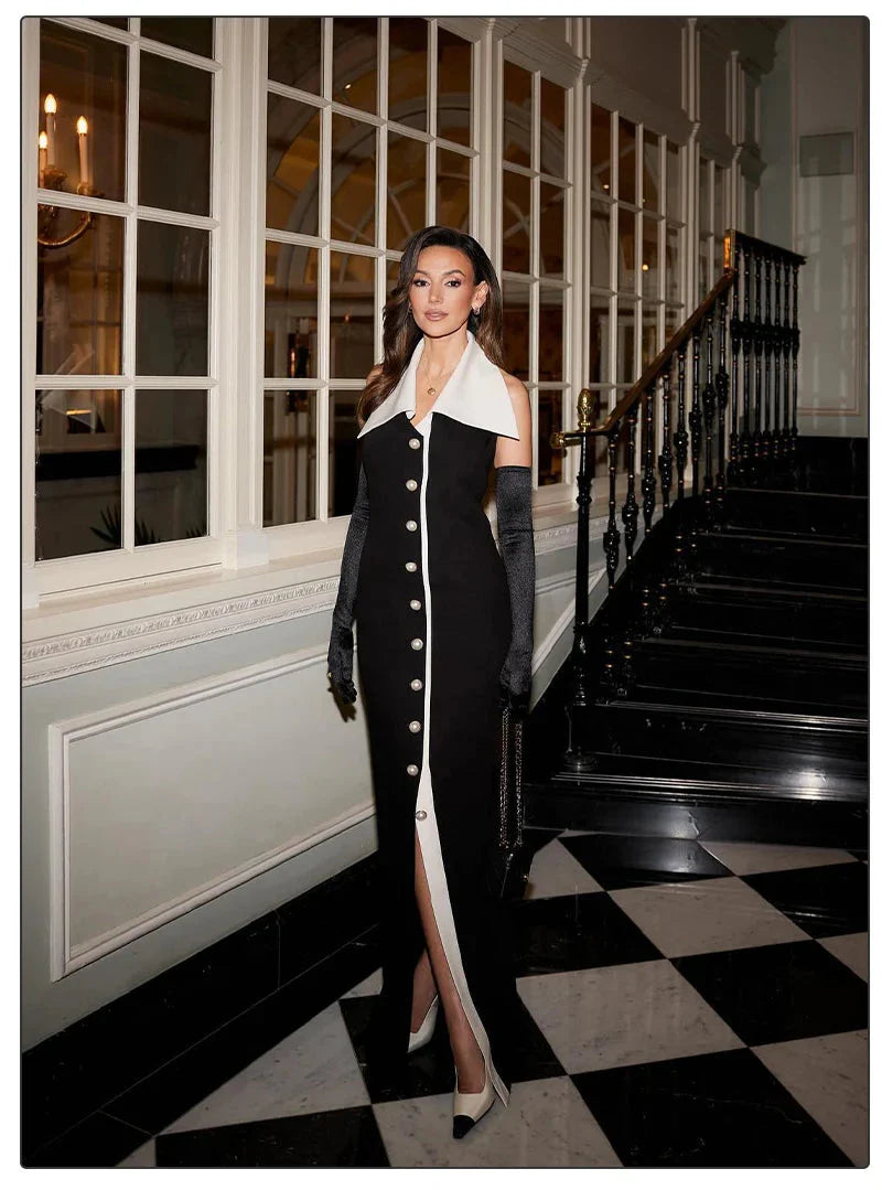 Contrast Collar Pearl-Button Column Evening Dress