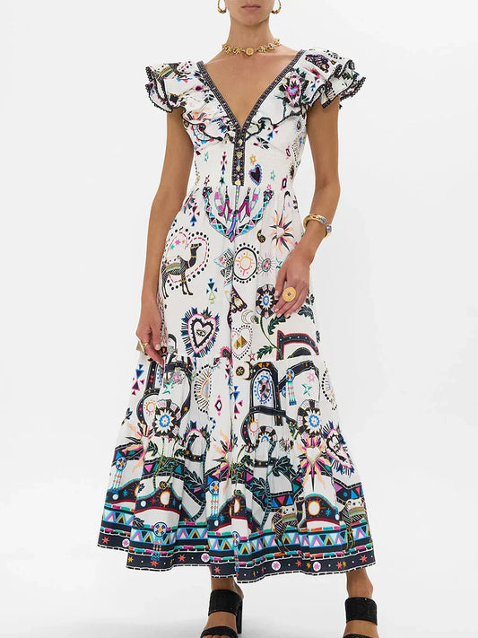 Printed Ruffles Strap Maxi Dress
