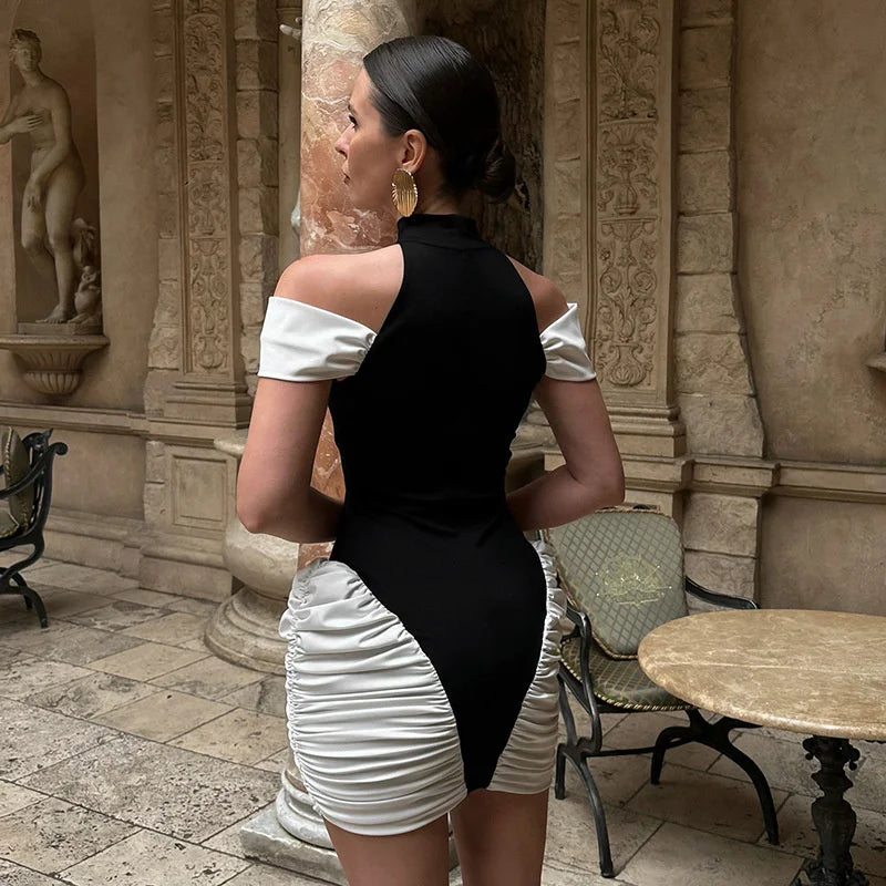 Black & White Off-Shoulder Patchwork Mini Dress – Ruched Pleated Club Look