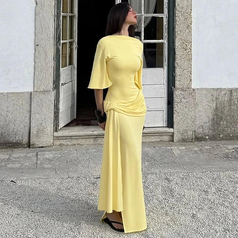 Ruched Yellow Maxi Dress | Draped Open Back Occasionwea