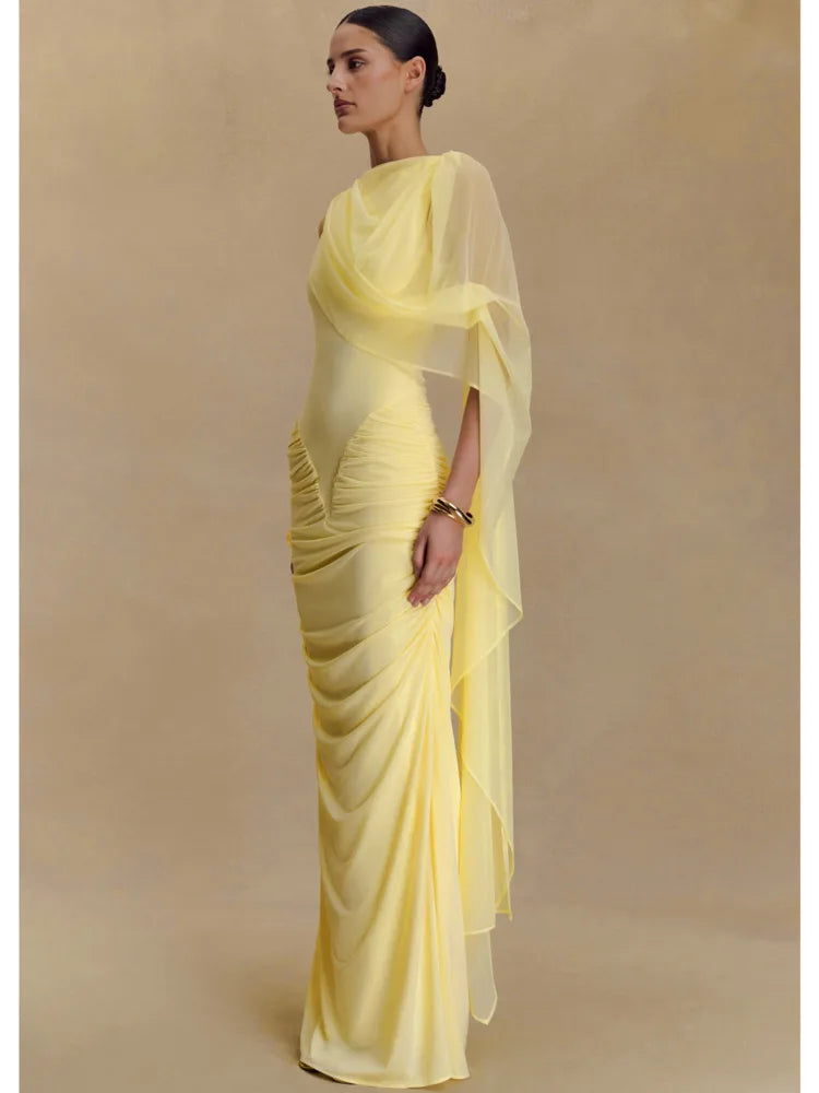 One Shoulder Shawl Drape Pleated Bodycon Long Dress