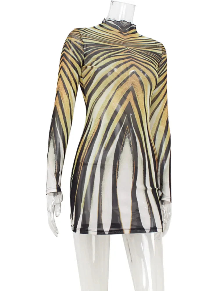 Psychedelic Print Sheer Turtleneck Mini Dress