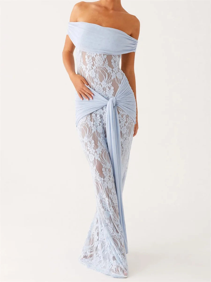 Elegant Off-Shoulder Lace Patchwork Bodycon Long Dress