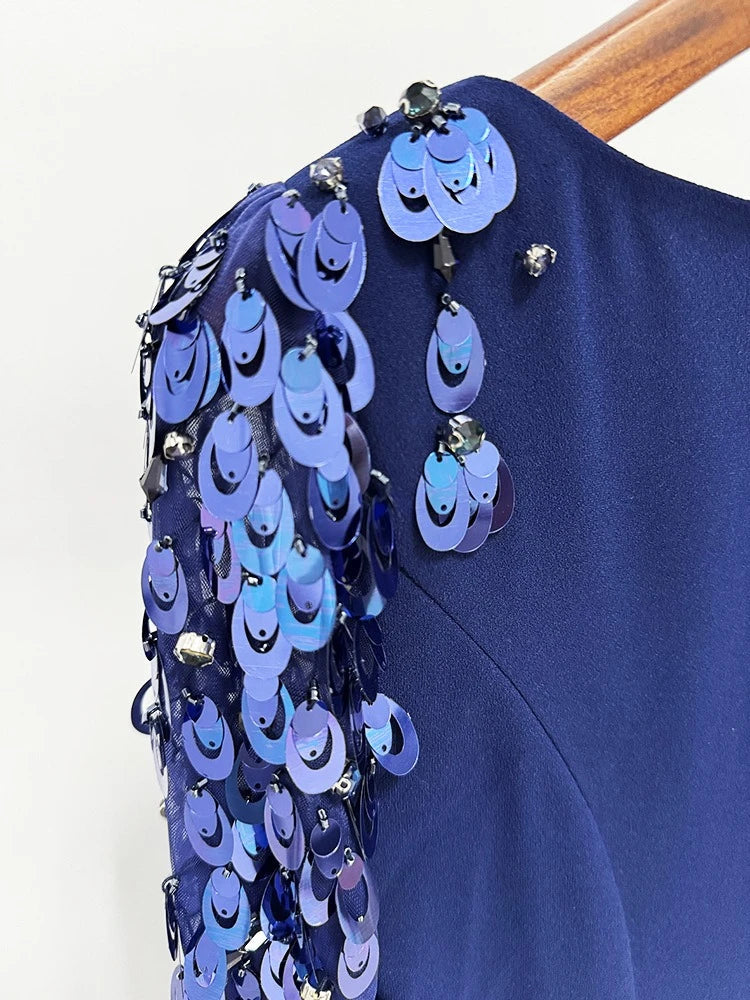 Dark Blue & Pink Sequin A-Line Evening Dress