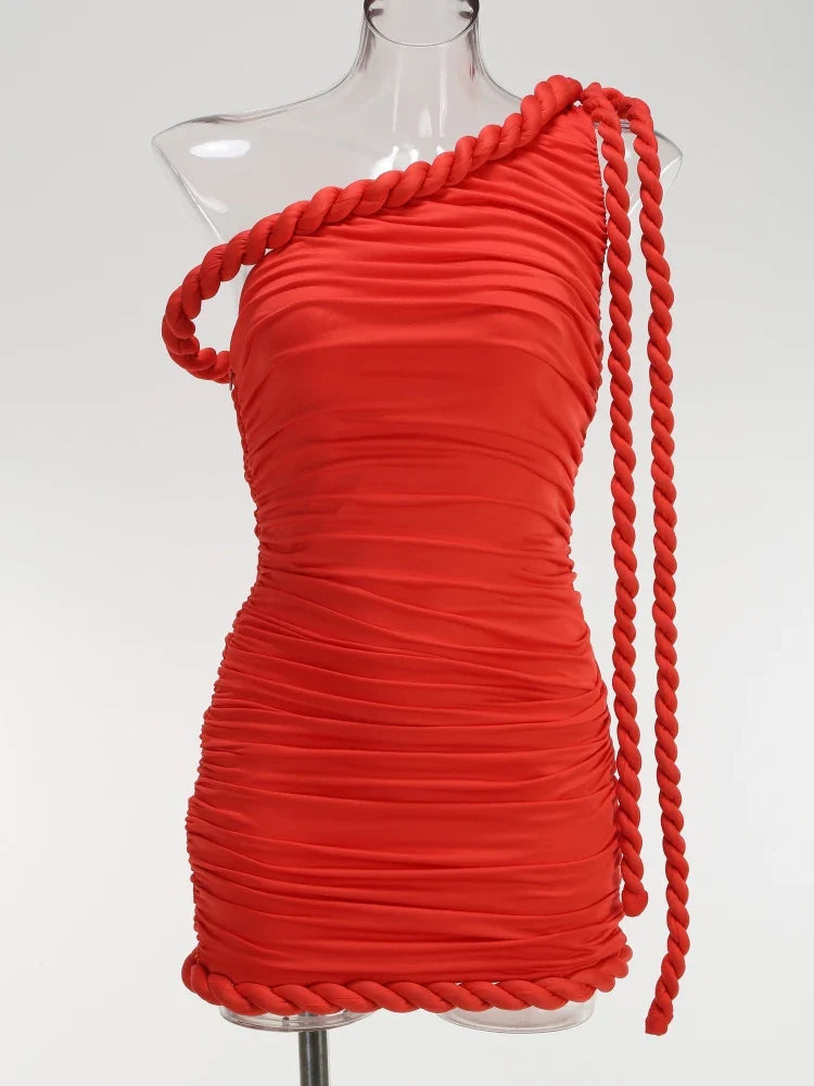 Red One-Shoulder Draped Mini Dress with Twist Knot