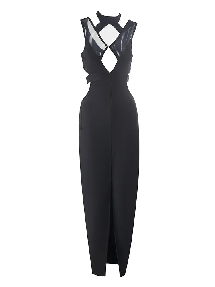 Black jumpsuit with cut-out design on a white background