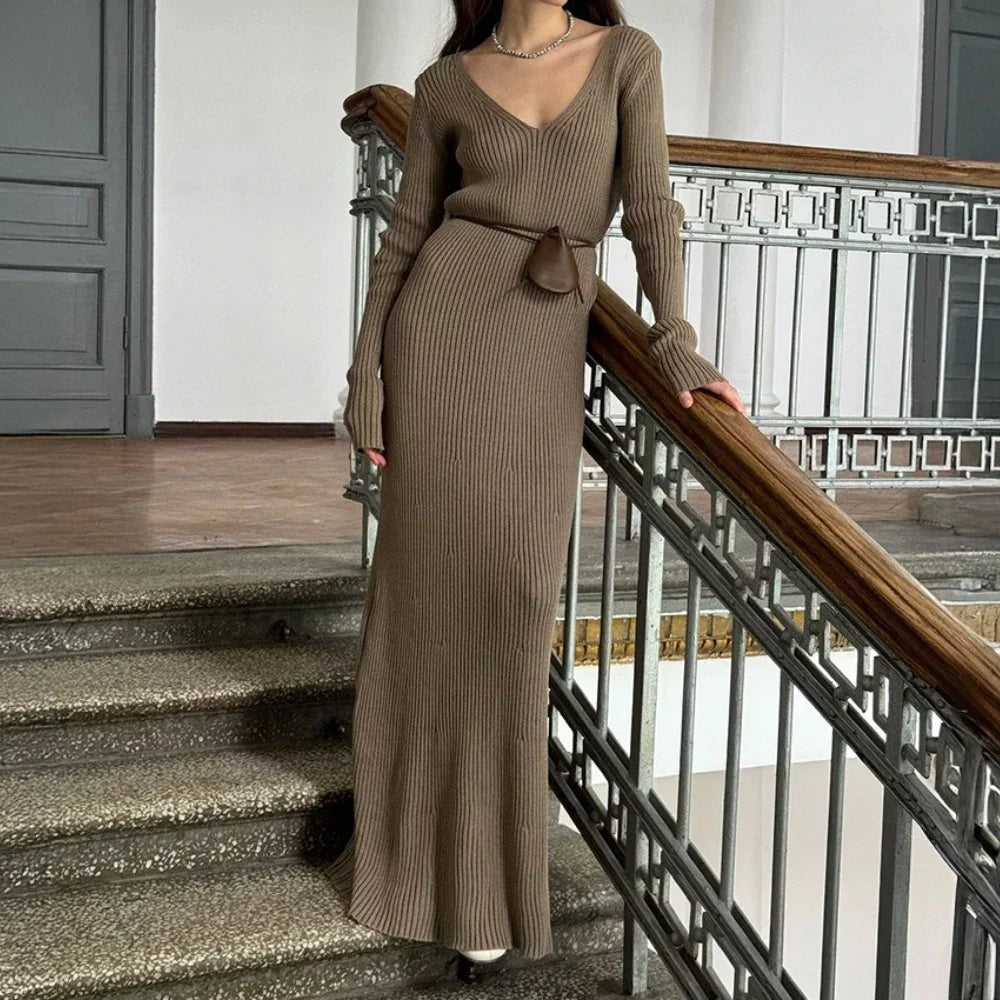 Black V-Neck Knit Maxi Dress | Belted A-Line for Autumn Nights