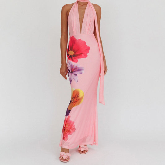 Floral Print Deep Neck Halter Drape Maxi Dress