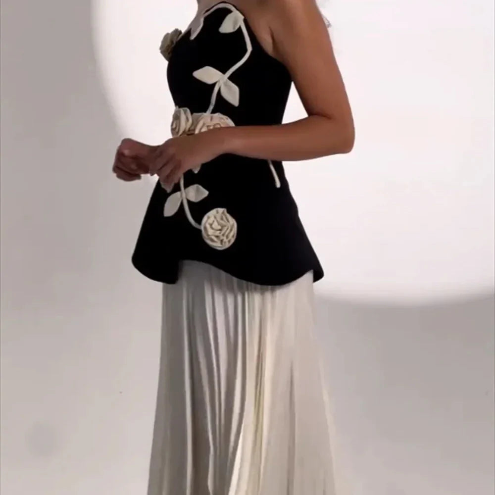 Strapless Bloom-Appliqué Pleated Evening Gown