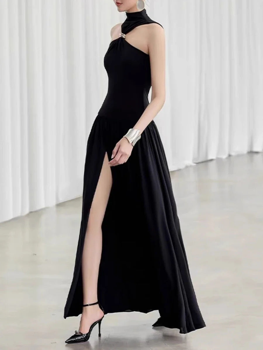 Black High Neck Slit Gold Buckle Maxi Dress
