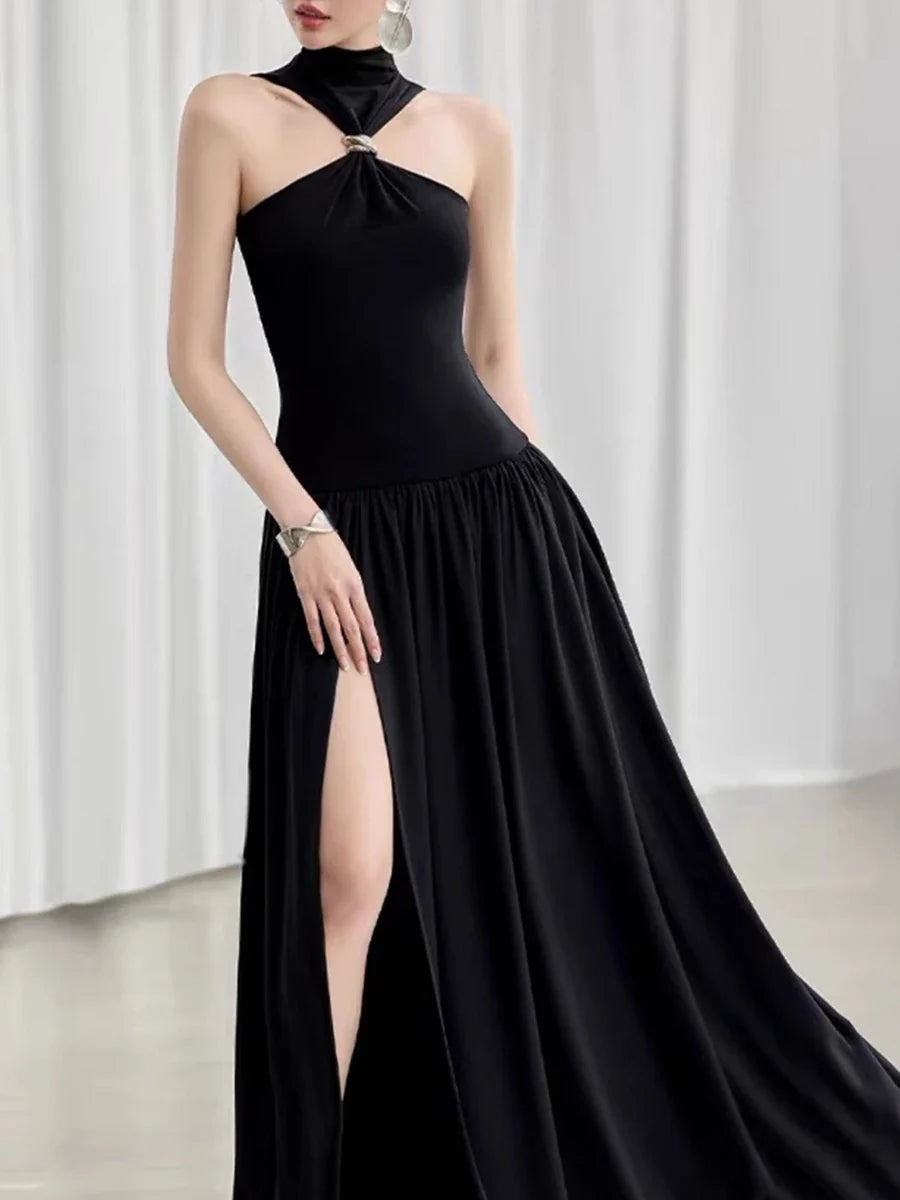 Black High Neck Slit Gold Buckle Maxi Dress