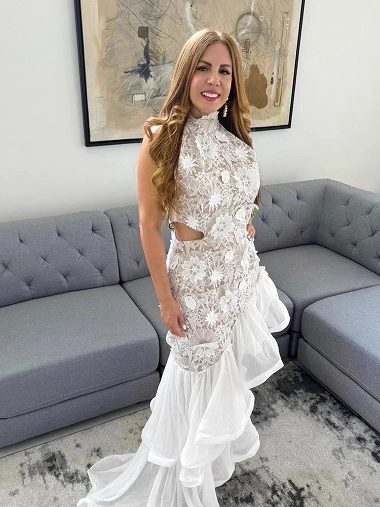 White Flower Embroidered Ruffles Halter Midi Dress