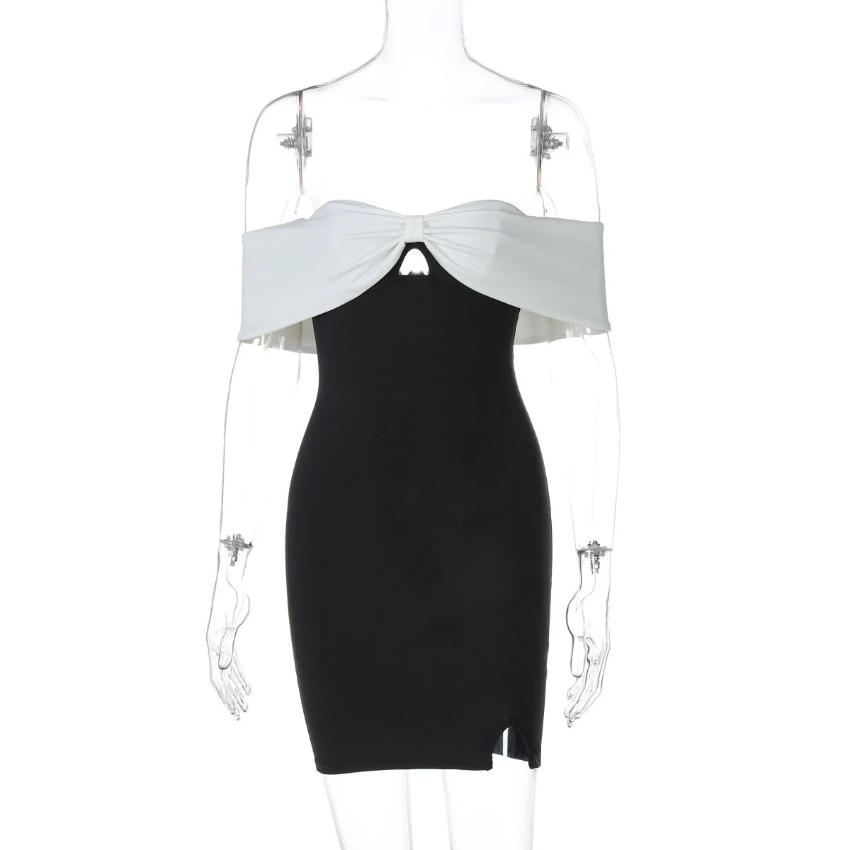 Black and white dress on a mannequin against a white background