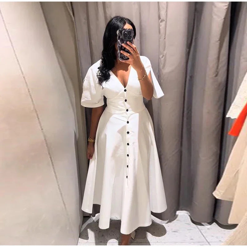 Vibe & Grace A-Line White Dress – V-Neck Empire Waist Midi with Button Front