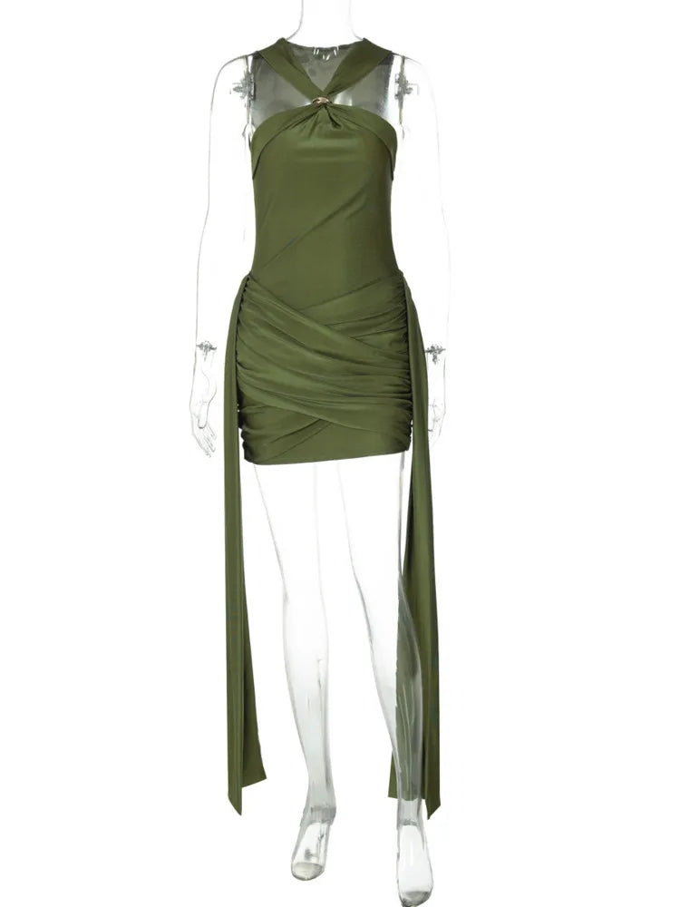 Green Halter Off-Shoulder Ruched Mini Dress for Club & Party