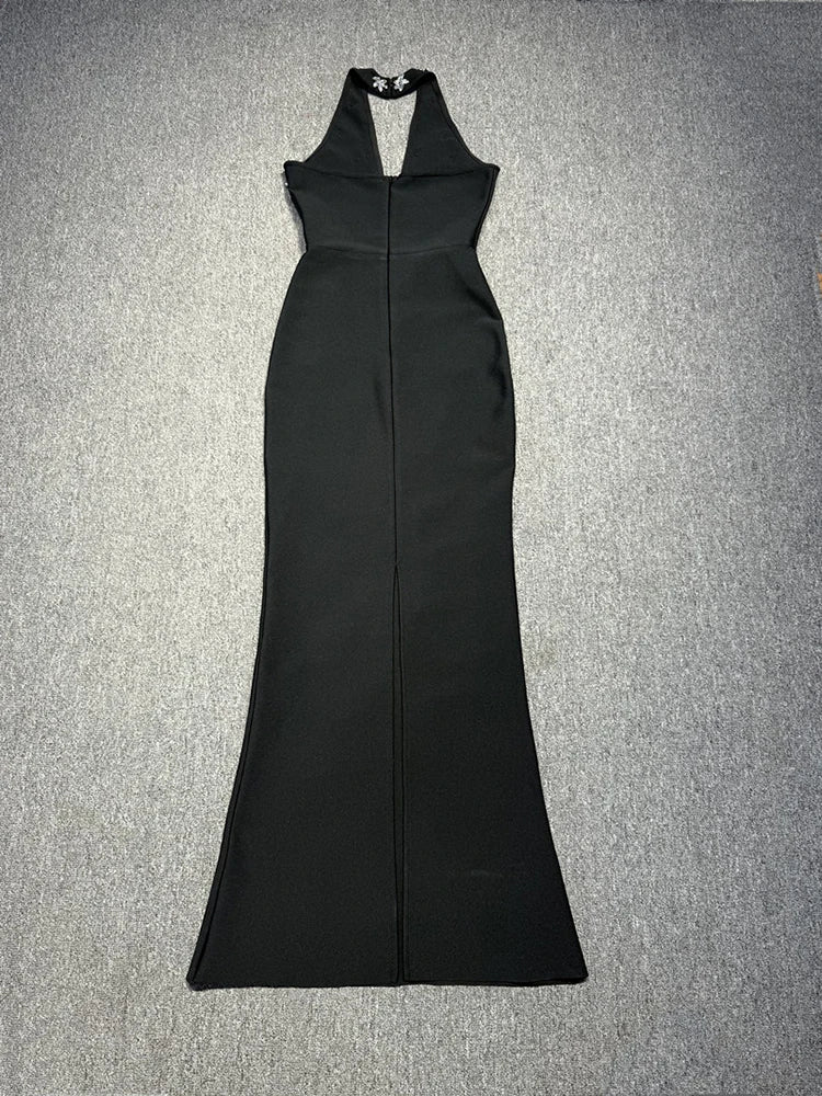 Black Halter Diamond Beaded Backless Gown