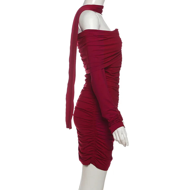 Red Off-shoulder Ruched Long Sleeve Mini Dress With Scarf