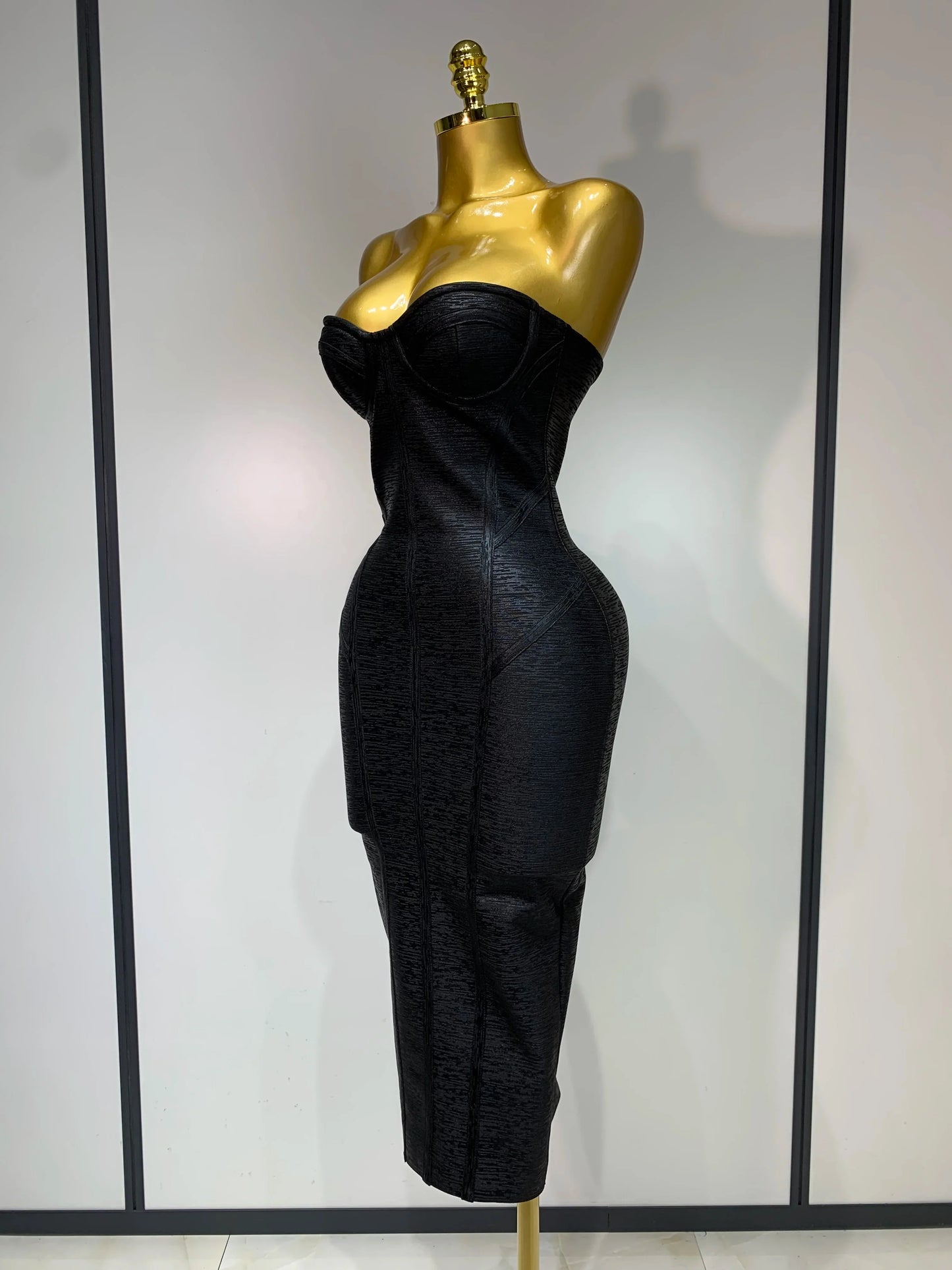 Black Foil Strapless Bodycon Mini Dress