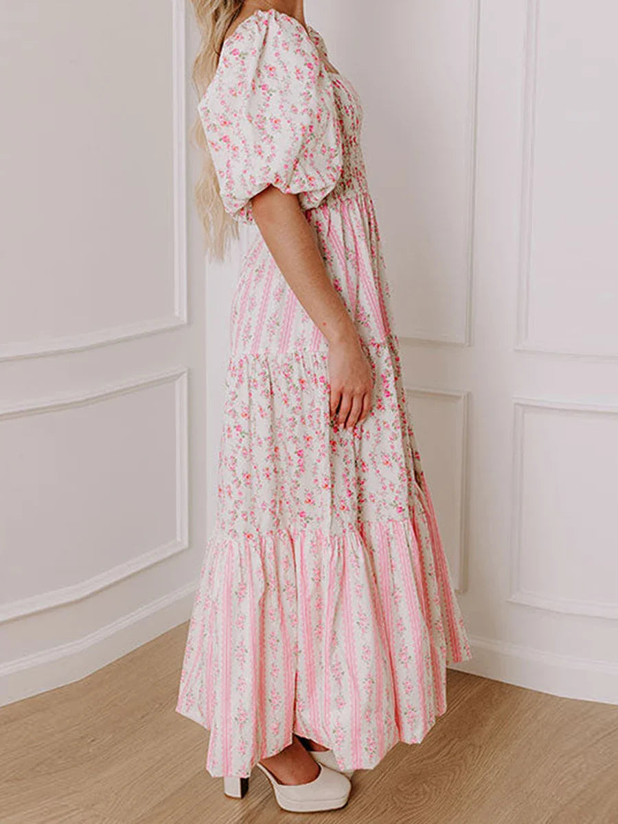 Charming Floral Print Square Collar Puff Sleeve Maxi Dress