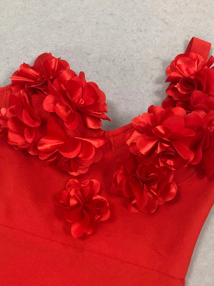 Red One Shoulder Floral Bandage Dress | Backless Bodycon Gown