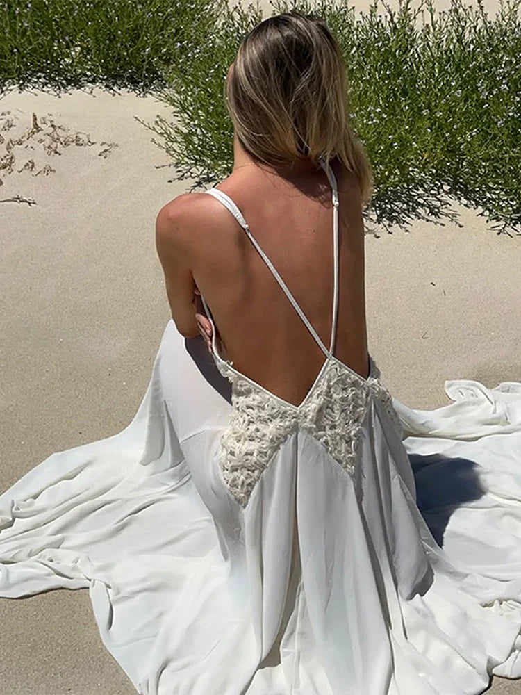 White Pleated Deep V-Neck Backless Maxi Dress