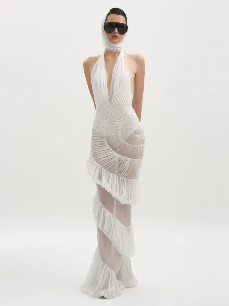 White Halter Ruffle Mesh Gown